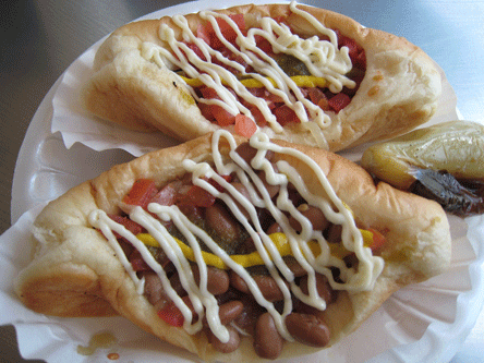 GueroCanelo04 Two Sonoran Hot Dogs, one with beans and one without.